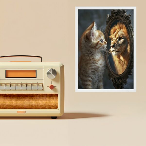 Quadro Motivacional Gatinho Espelho Leão 45x34cm - Com Vidro