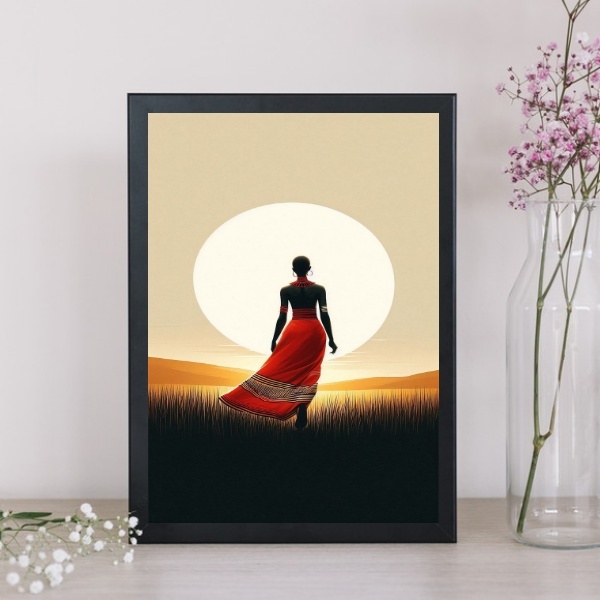 Quadro Mulher Africana Ao Por Do Sol 24x18cm - Com Vidro Mold