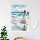 Quadro Mulher Caminhando Praia Aquarela 24x18cm - Com Vidro M