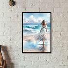 Quadro Mulher Caminhando Praia Aquarela 33x24cm - Com Vidro M