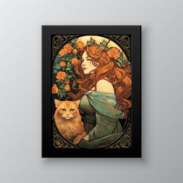 Quadro Mulher Com Gato Art Nouveau 24x18cm Moldura:madeira Br