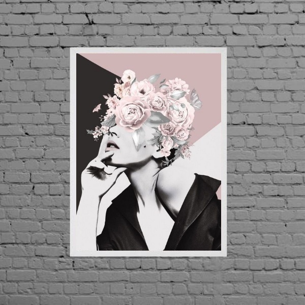 Quadro Mulher Geométrico Com Flores Rosas 24x18cm Moldura:mad