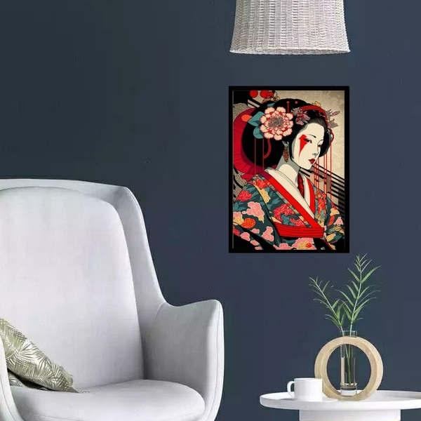 Quadro Mulher Gueixa 24x18cm - Com Vidro Moldura:madeira Preta