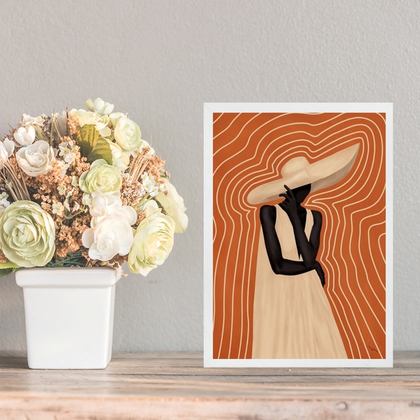 Quadro Mulher Negra Boho Fundo Terracota 33x24cm - Com Vidro