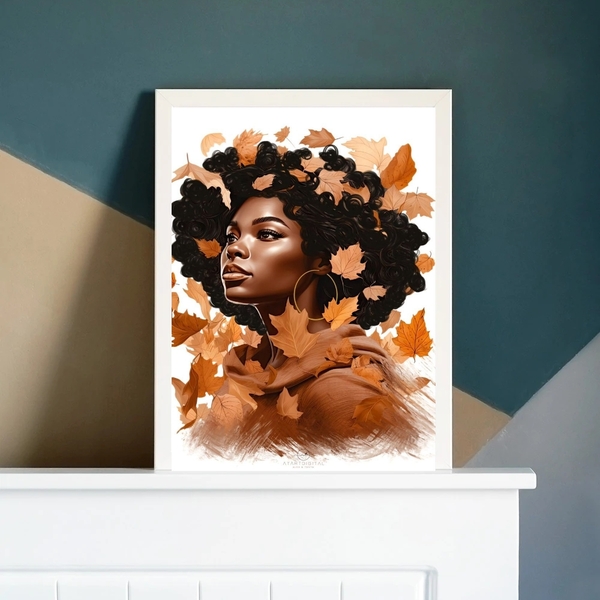Quadro Mulher Negra Folhas Outono 24x18cm - Com Vidro Moldura