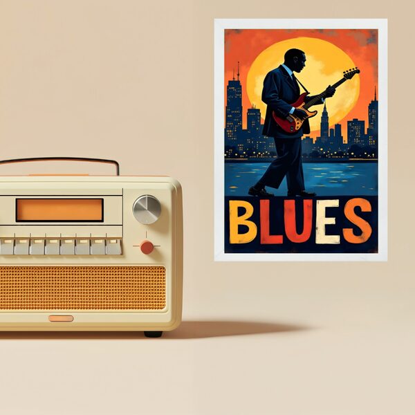 Quadro Músico Blues - In The City 33x24cm - Com Vidro Moldura