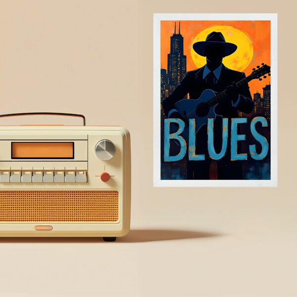 Quadro Músico Blues - Vintage 33x24cm - Com Vidro Moldura Pre