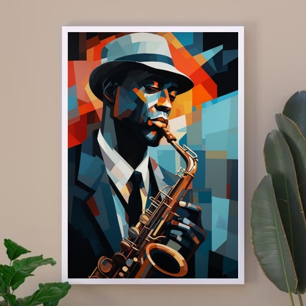 Quadro Músico Jazz - Pintura Geométrica 45x34cm - Com Vidro M