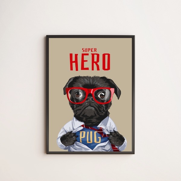 Quadro My Super Hero Pug 24x18cm Moldura:madeira Preta
