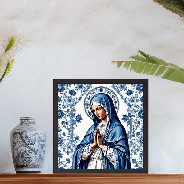 Quadro Nossa Senhora Azul E Branco Floral - 33x33cm Moldura P