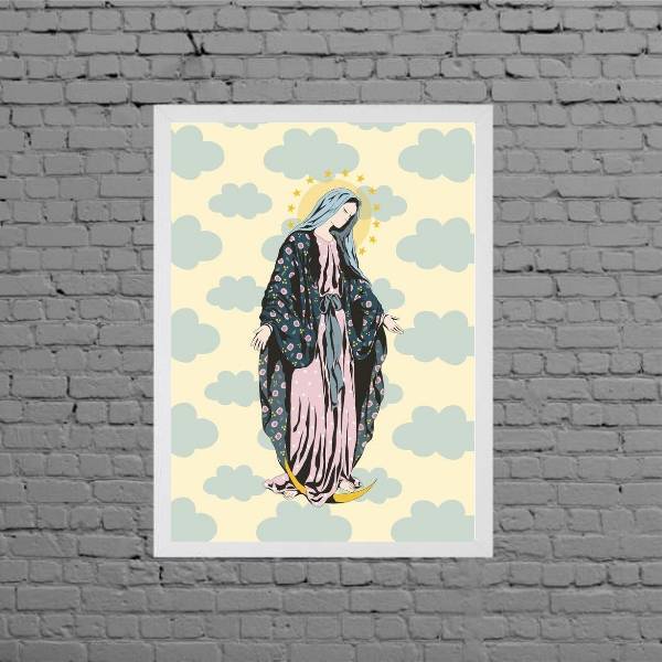 Quadro Nossa Senhora Com Nuvens 45x34cm Moldura:madeira Preta