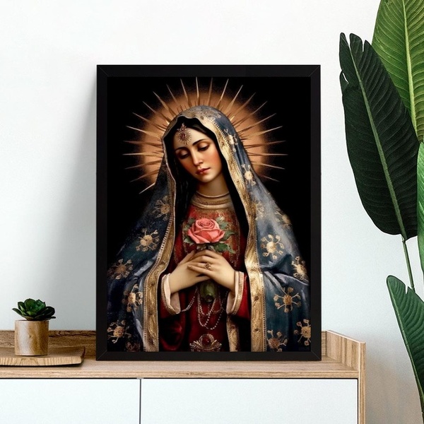 Quadro Nossa Senhora Com Rosa 45x34cm Moldura Preta
