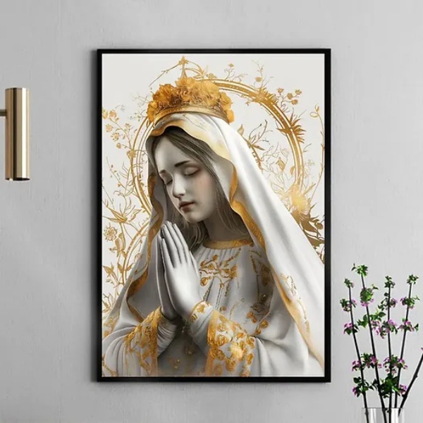 Quadro Nossa Senhora Fátima Branco E Ouro 24x18cm - Com Vidro