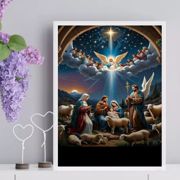 Quadro O Nascimento De Menino Jesus 45x34cm - Com Vidro Moldu