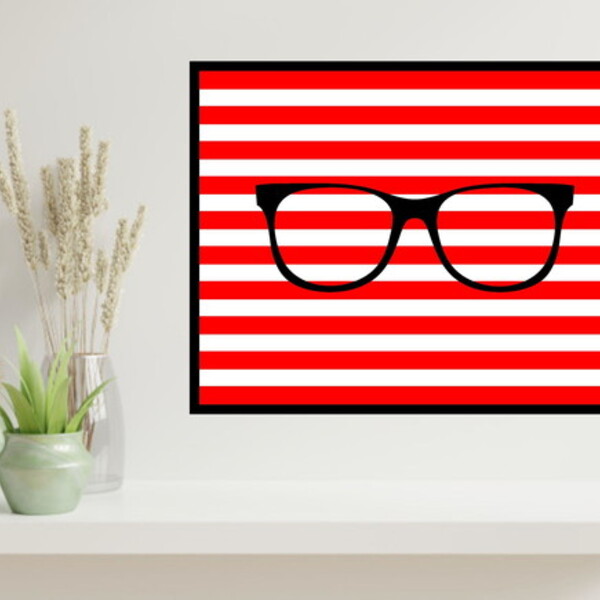 Quadro Óculos - Fundo Listras Vermelhas 24x18cm - Com Vidro M