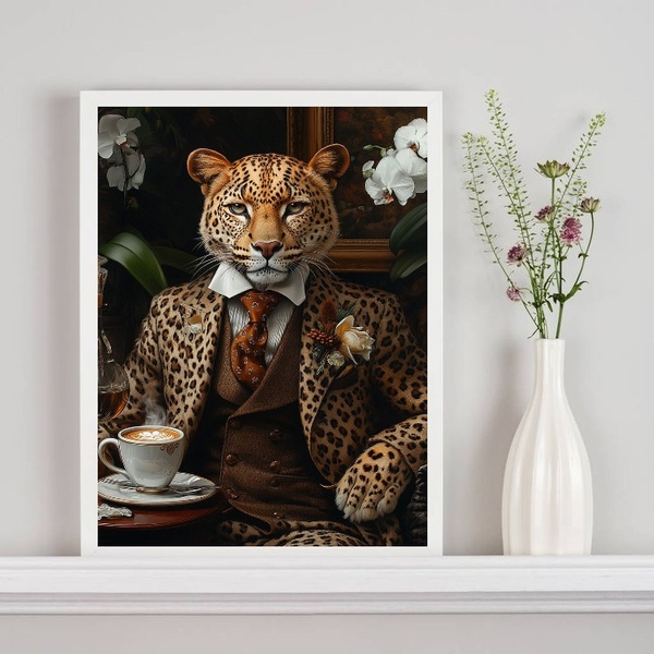Quadro Onça Elegante Tomando Café 33x24cm Moldura Preta