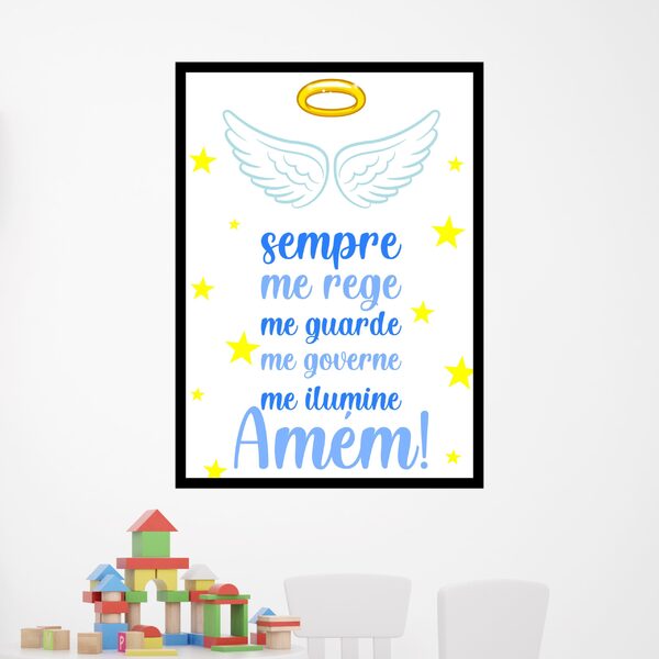 Quadro Oração - Anjo Da Guarda Azul 33x24cm - Com Vidro Moldu