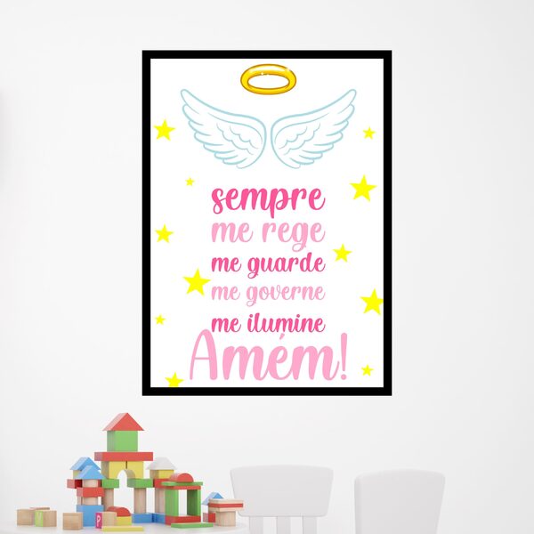 Quadro Oração - Anjo Da Guarda Rosa 33x24cm - Com Vidro Moldu