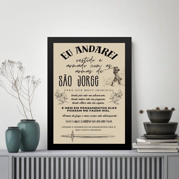 Quadro Oração De São Jorge - Bege 33x24cm Moldura Branca