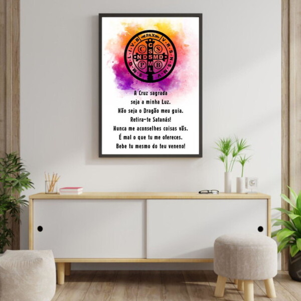 Quadro Oração Medalha De São Bento 24x18cm Moldura:madeira Br