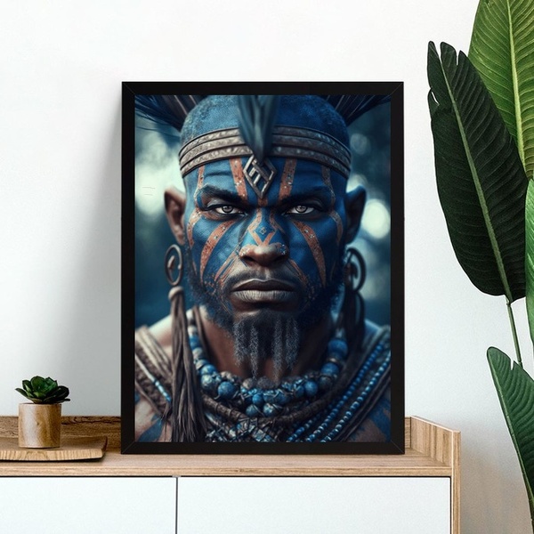 Quadro Orixá Ogum - Face 45x34cm - Com Vidro Moldura Preta