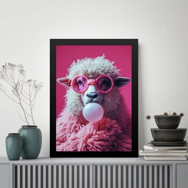 Quadro Ovelha Bubble Gum - Rosa 24x18cm - Com Vidro Moldura P