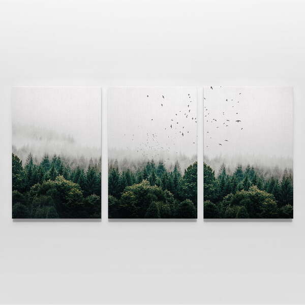 Quadro Paisagem Árvores, Pássaros, Neblina - Kit 3 Telas