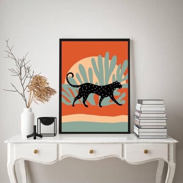 Quadro Paisagem Boho - Leopardo 33x24cm Moldura Preta
