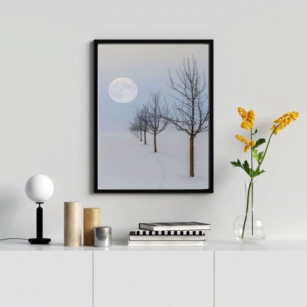 Quadro Paisagem Neve Árvores Lua 45x34cm - Com Vidro Moldura: