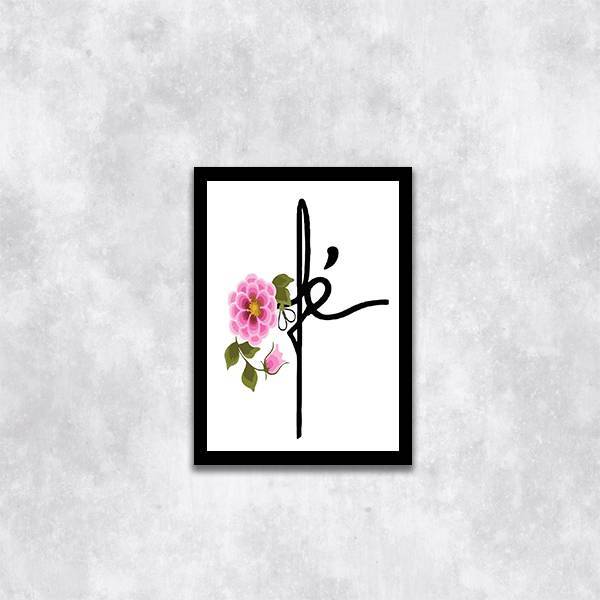 Quadro Palavra Fé Floral 33x24cm - Com Vidro Moldura:madeira