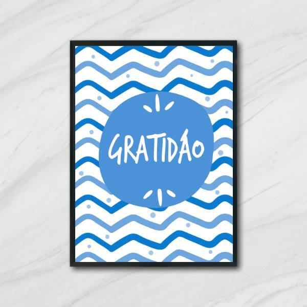 Quadro Palavra Gratidão - Azul 24x18cm Moldura:madeira Branca