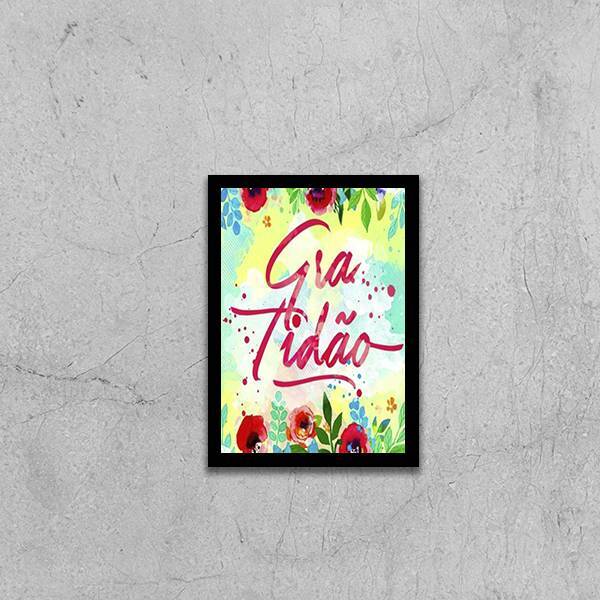 Quadro Palavra Gratidão - Floral 24x18cm Moldura:madeira Preta