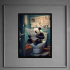Quadro Panda No Banheiro Lendo Jornal 33x24cm Moldura:madeira