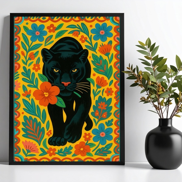 Quadro Pantera Floral Boho Farm 45x34cm Moldura Branca