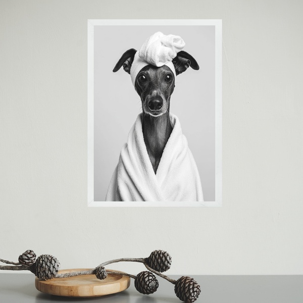 Quadro Para Banheiro Cachorrinha De Roupão 45x34cm - Com Vidr