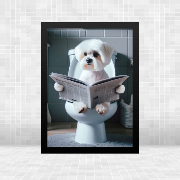 Quadro Para Banheiro Cachorrinho Maltês 33x24cm Moldura Branca