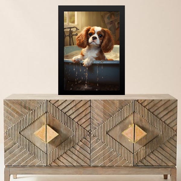 Quadro Para Banheiro Cão Charles Spaniel 45x34cm Moldura Bran