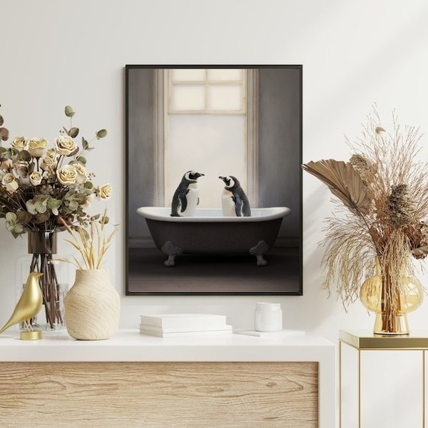 Quadro Para Banheiro - Casal De Pinguins 33x24cm - Com Vidro