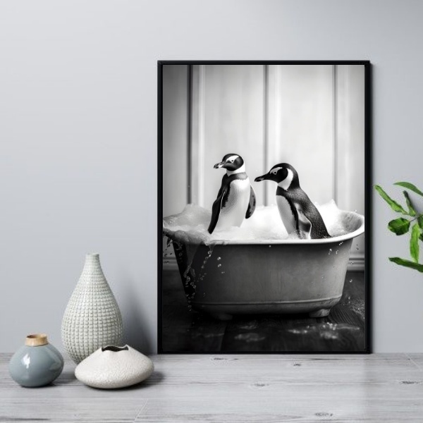 Quadro Para Banheiro Casal De Pinguins 33x24cm - Com Vidro Mo