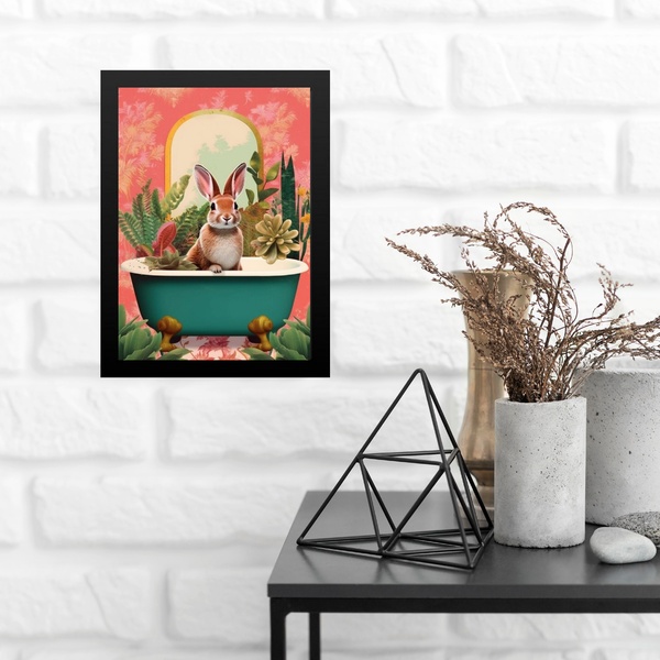 Quadro Para Banheiro Coelho Com Plantas 45x34cm - Com Vidro M