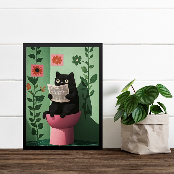 Quadro Para Banheiro Gatinho No Vaso - Floral 24x18cm - Com V