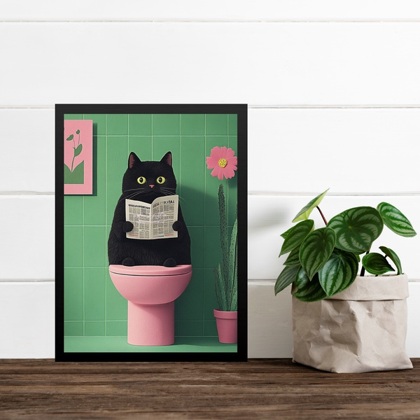 Quadro Para Banheiro Gato No Vaso - Rosa E Verde 45x34cm Mold
