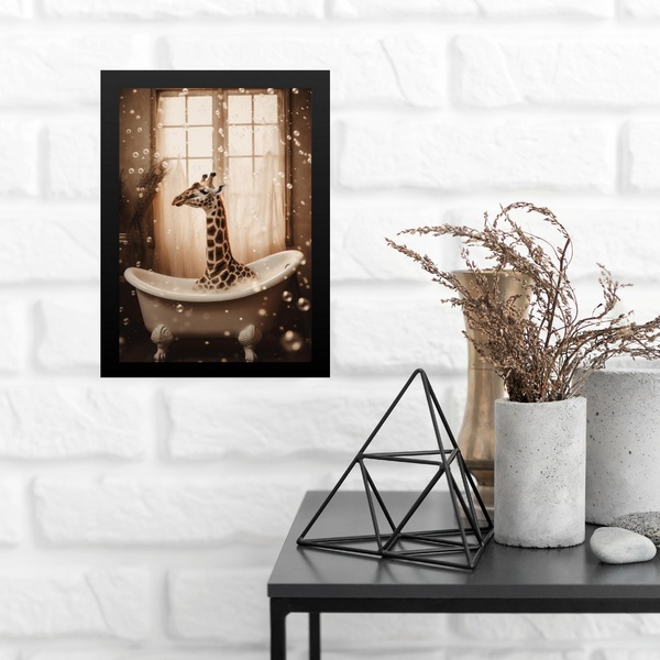 Quadro Para Banheiro Girafa No Banho 24x18cm Moldura Branca