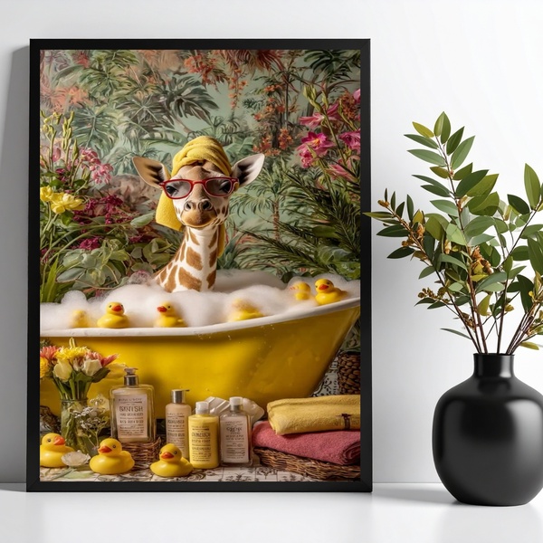 Quadro Para Banheiro Girafa No Banho - Tropical 45x34cm Moldu