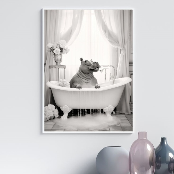 Quadro Para Banheiro Hipopótamo No Banho 24x18cm - Com Vidro