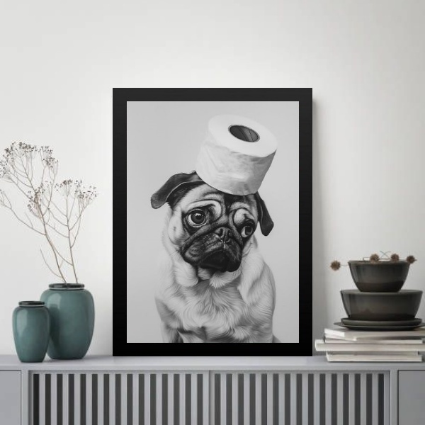 Quadro Para Banheiro Pug - Papel Higiênico 24x18cm Moldura Br