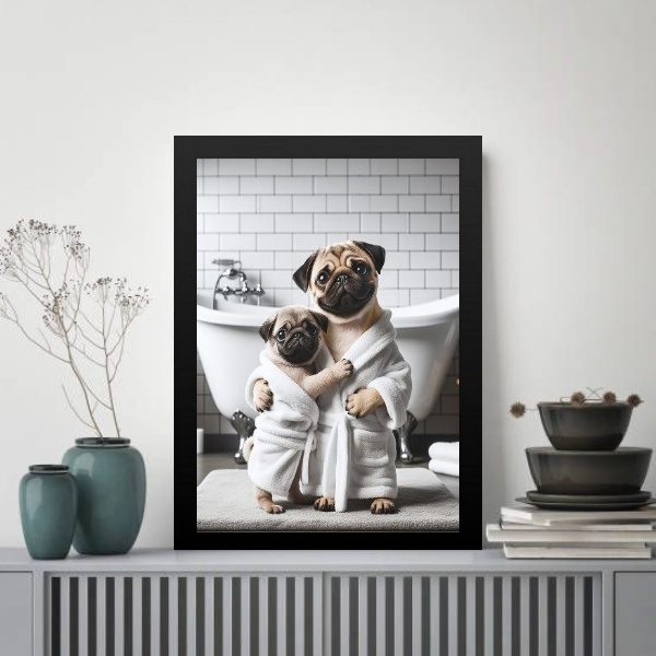 Quadro Para Banheiro Pugs - Pai E Filho 24x18cm - Com Vidro M