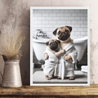 Quadro Para Banheiro Pugs - Pai E Filho 33x24cm - Com Vidro M
