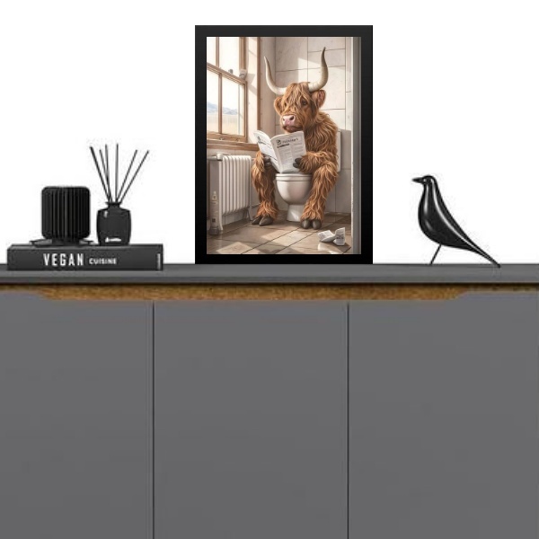 Quadro Para Banheiro - Touro Lendo Jornal 24x18cm Moldura Bra