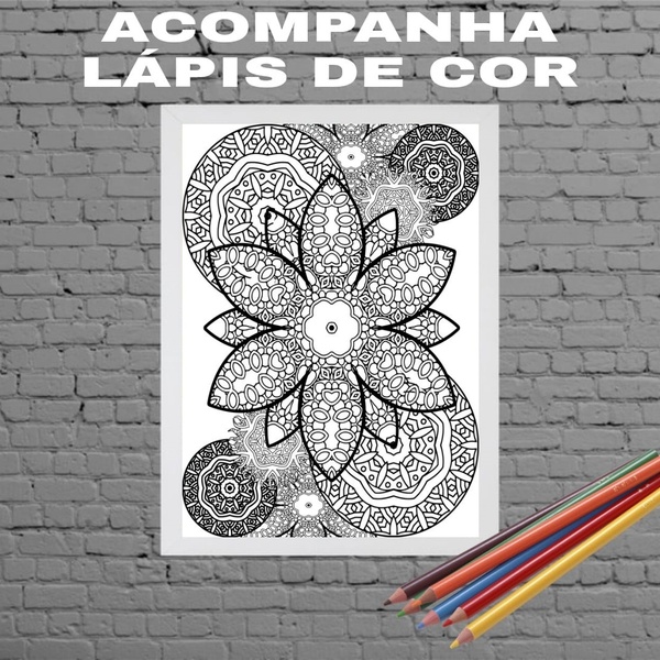 Quadro Para Colorir Mandala Floral 33x24cm - Com Vidro Moldur